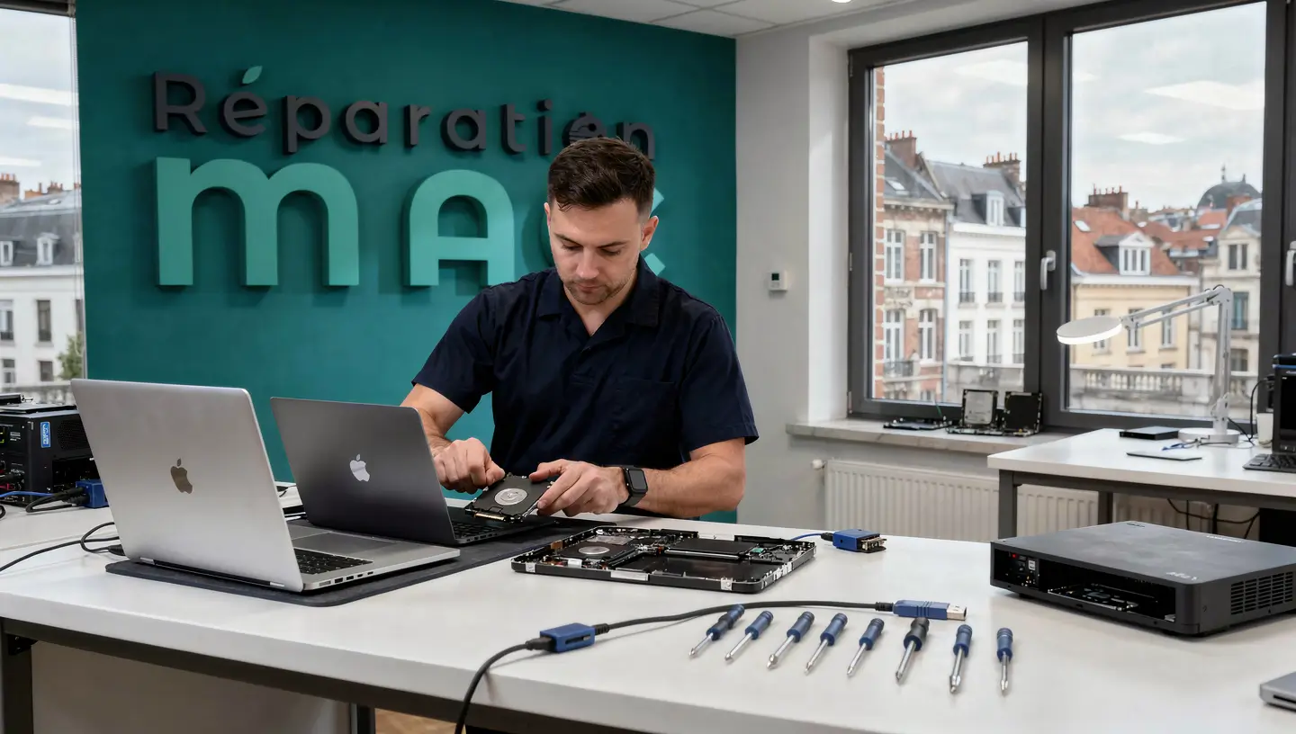 Technicien en chemise bleu foncé extrayant un disque dur d'un MacBook Pro pour récupération de données dans un atelier à Bruxelles