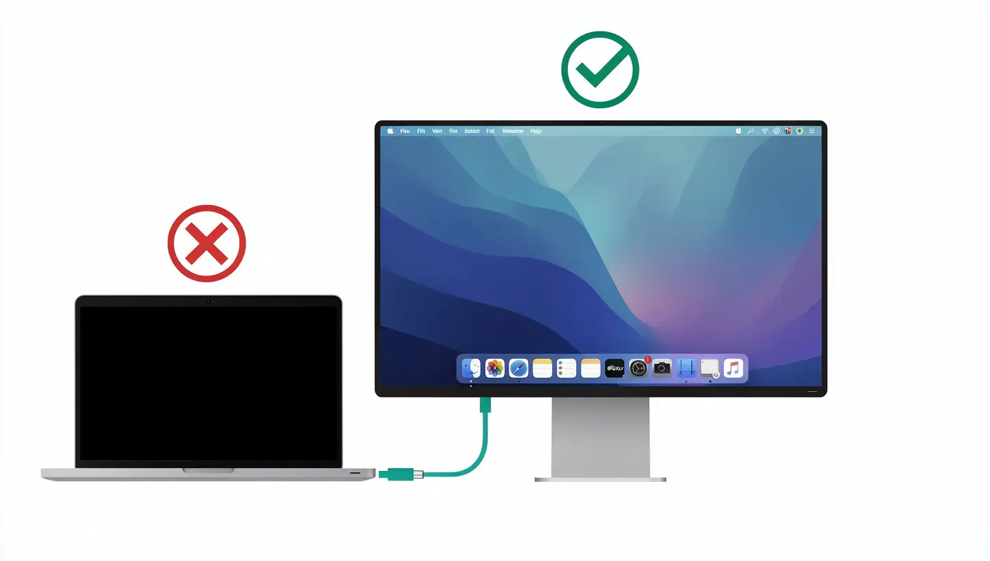 Écran noir MacBook connecté à un écran externe affichant le bureau macOS