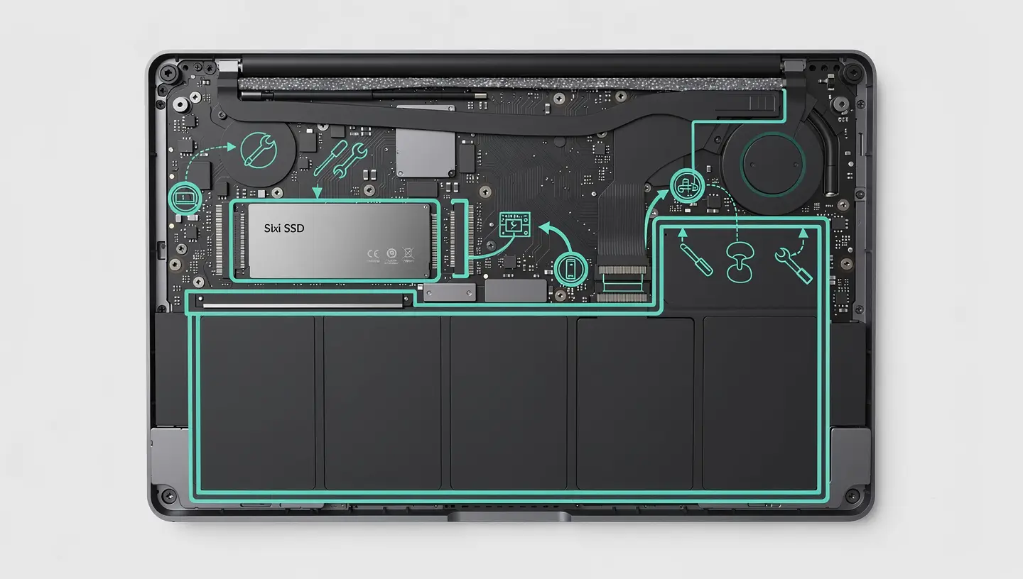 Technicien remplaçant la nappe d'écran d'un MacBook Pro avec écran noir
