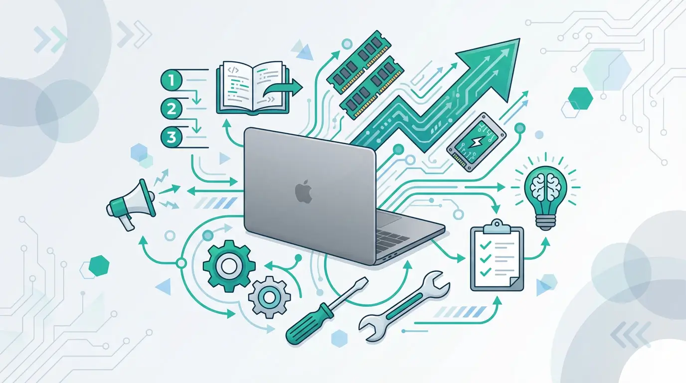 Illustration regroupant les services de Réparation MAC : dépannage, tutoriels macOS, upgrades SSD et conseils techniques