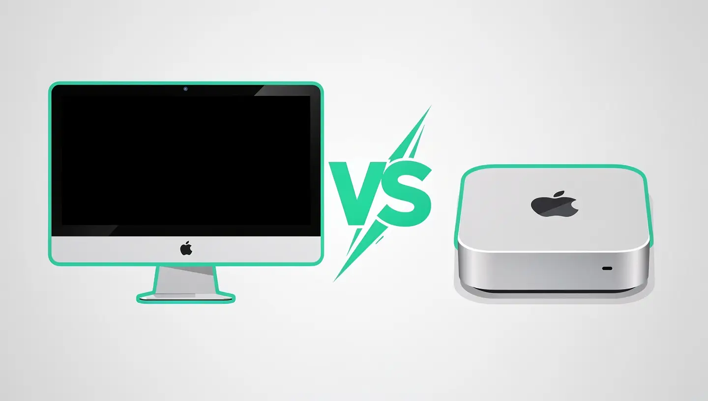 Illustration comparative entre un iMac tout-en-un et un Mac mini compact pour choisir son ordinateur Apple